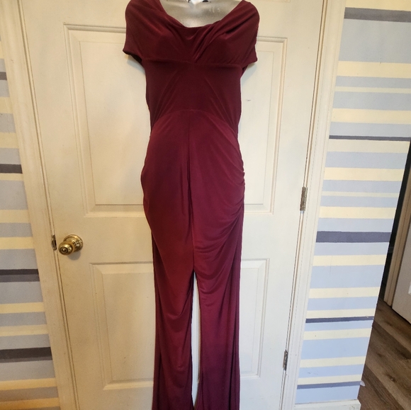 Elisa Burgundy Bardot Flared-Leg Maternity Jumpsuit - Picture 5 of 7